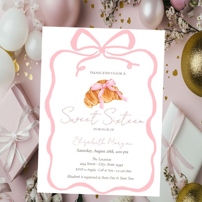 Parisian Croissant Pink Bow Sweet 16 Invitation (Creator Uploaded)