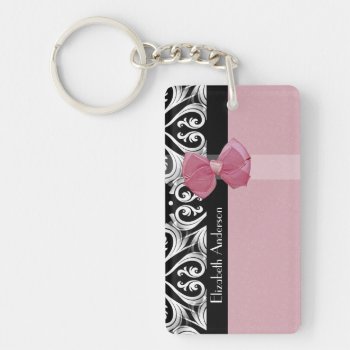 Parisian Damask Pink And Black Chic Bow With Name Keychain by PhotographyTKDesigns at Zazzle