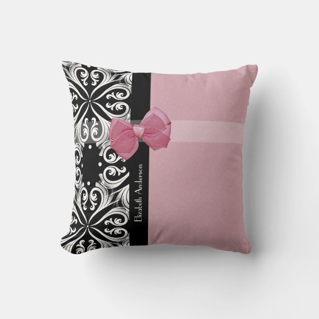 Parisian Damask Pink and Black Chic Bow With Name Throw Pillow (Front)