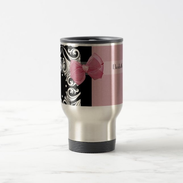 Parisian Damask Pink Ribbon With Name Travel Mug (Center)