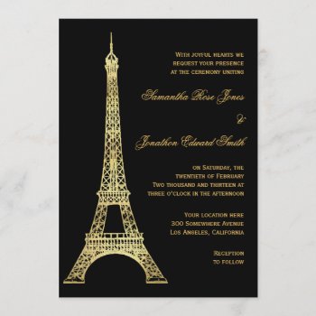 Parisian Eiffel Tower Black And Gold Wedding Invitation by prettypicture at Zazzle