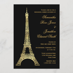 Parisian Eiffel Tower Black Gold Rehearsal Dinner Invitation