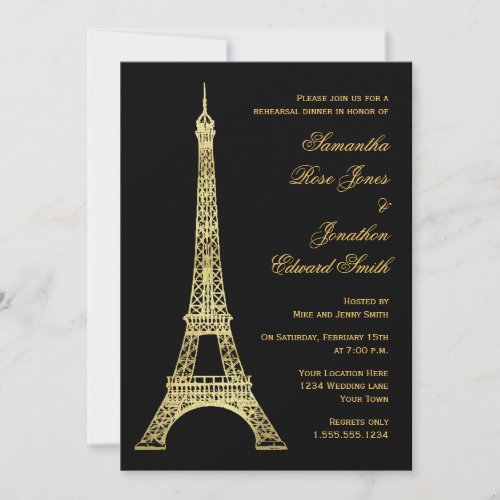 Parisian Eiffel Tower Black Gold Rehearsal Dinner Card
