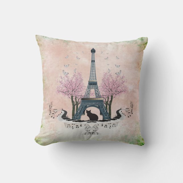 Parisian Eiffel Tower Cat And Cherry Blossoms Throw Pillow (Front)
