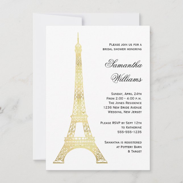 Parisian Eiffel Tower Gold Bridal Shower Invitation (Front)