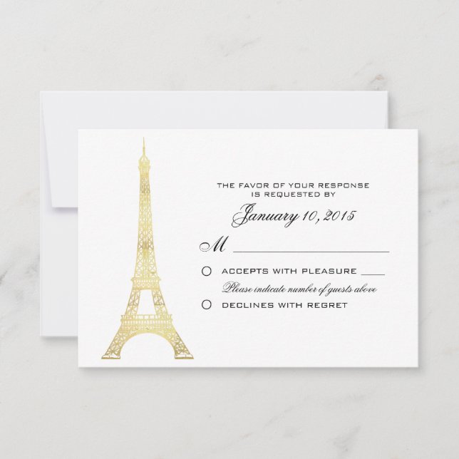Parisian Eiffel Tower Gold Wedding RSVP Custom Card (Front)