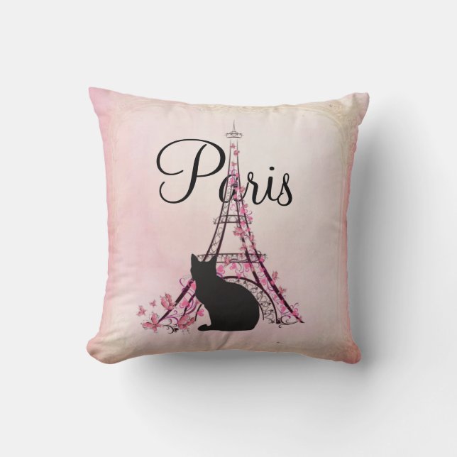 Parisian Eiffel Tower Paris Cat Throw Pillow (Front)