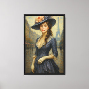 Parisian Elegance in Blue Dress Canvas Wall Art