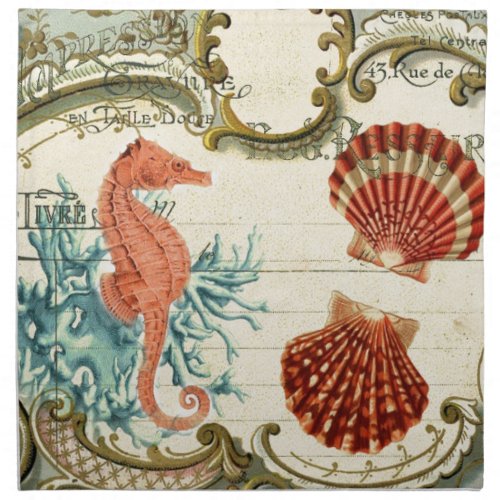 Parisian french modern vintage seashell seahorse napkin