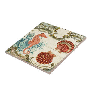 Parisian french modern vintage seashell seahorse tile