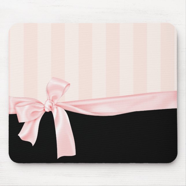 Parisian Girly Pink Stripes & Light Pink Bow Mouse Pad (Front)