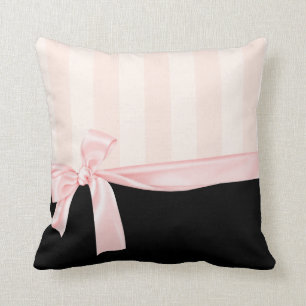 Parisian Girly Pink Stripes & Light Pink Bow Throw Pillow