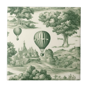 Parisian Green Toile Village Balloon Pattern Ceramic Tile