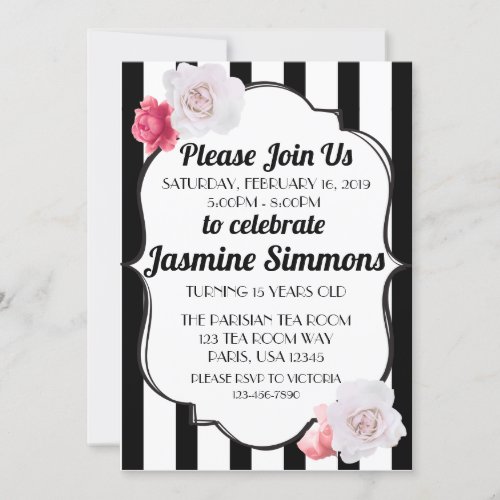 Parisian Inspired Black and White Floral Rose Invitation