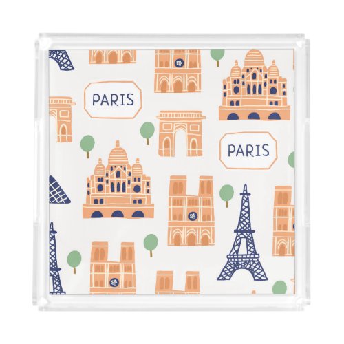 Parisian Landmarks Vintage Seamless Illustration Acrylic Tray