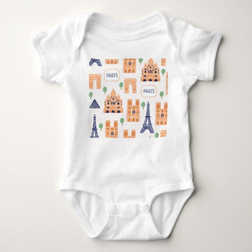 Parisian Landmarks Vintage Seamless Illustration Baby Bodysuit