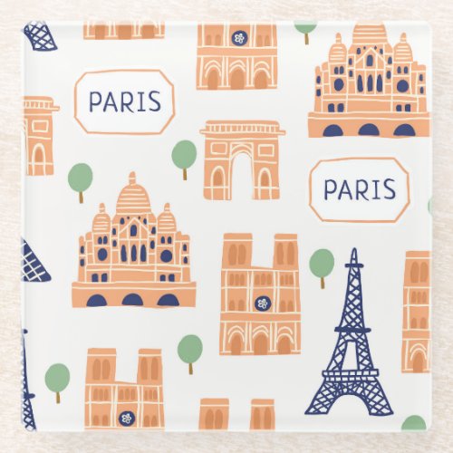 Parisian Landmarks Vintage Seamless Illustration Glass Coaster