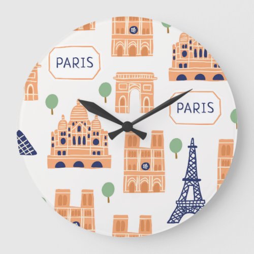 Parisian Landmarks Vintage Seamless Illustration Large Clock