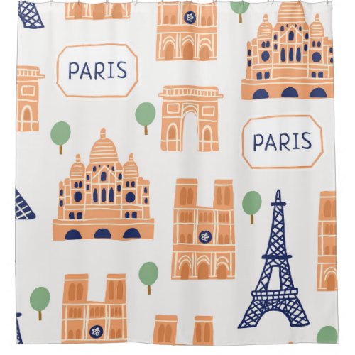 Parisian Landmarks Vintage Seamless Illustration Shower Curtain