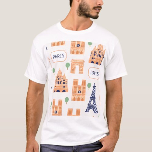Parisian Landmarks Vintage Seamless Illustration T_Shirt
