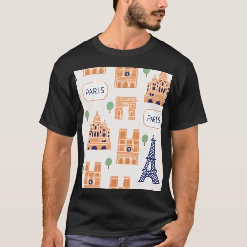 Parisian Landmarks Vintage Seamless Illustration T_Shirt