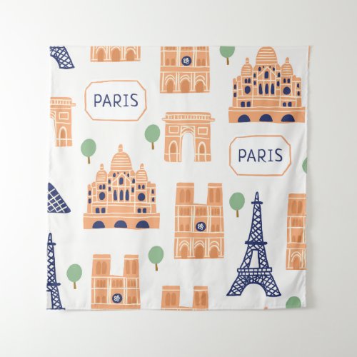 Parisian Landmarks Vintage Seamless Illustration Tapestry
