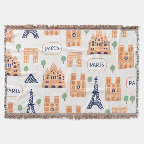 Parisian Landmarks Vintage Seamless Illustration Throw Blanket