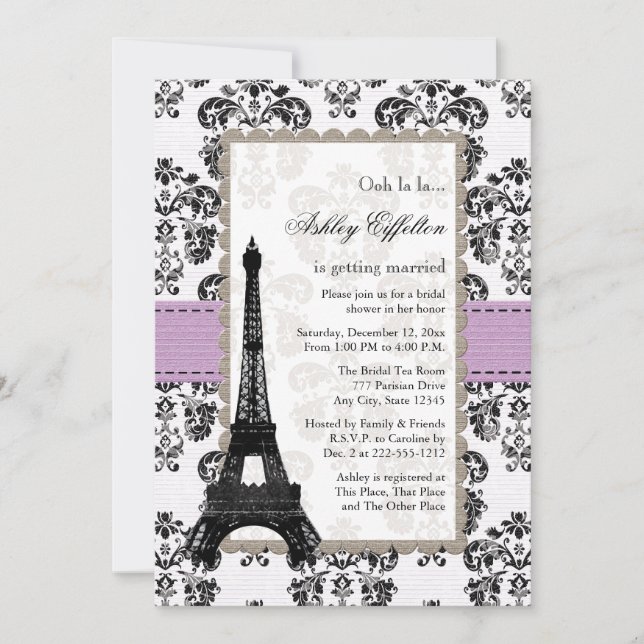 Parisian Lilac and Black Bridal Shower Invitations (Front)