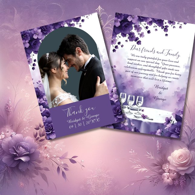 Parisian Love: Purple Flowers & Eiffel Wedding Thank You Card (Creator Uploaded)