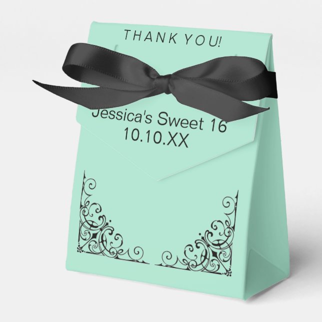 Parisian Mint Green Black Sweet Sixteen Date Favor Boxes (Front Side)