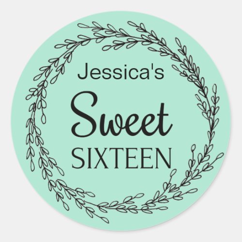 Parisian Mint Green Black Sweet Sixteen Name Classic Round Sticker