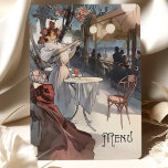 Parisian Night Art Nouveau Wedding Menu Card<br><div class="desc">Transport your wedding guests to the romance of a Parisian night with this stunning Art Nouveau-inspired menu card. Featuring an elegant scene set in a lively outdoor evening gathering, this card captures the essence of vintage charm and sophistication. The woman in a graceful gown, highlighted by soft lighting and surrounded...</div>