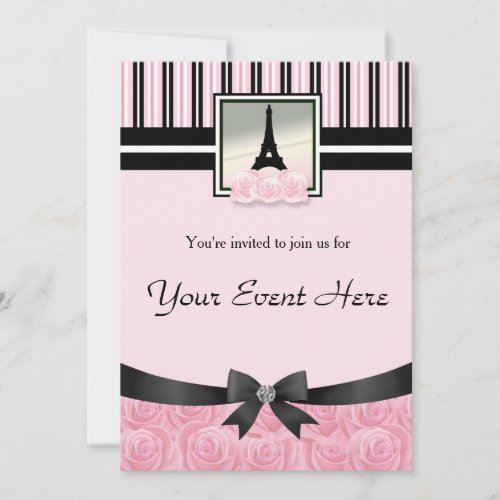 Parisian party Eiffel tower pink roses invitation