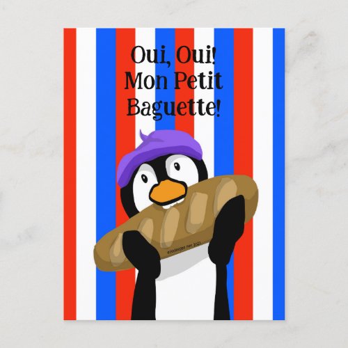 Parisian Penguin with Baguette Holiday Postcard