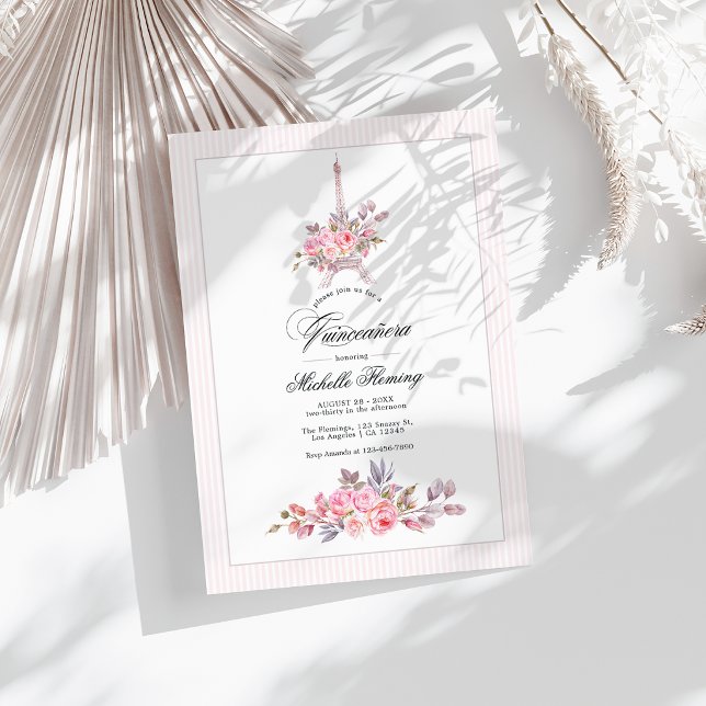 Parisian Pink Floral Quinceañera Photo Invitation (Parisian Pink Floral Quinceañera Photo Invitation)