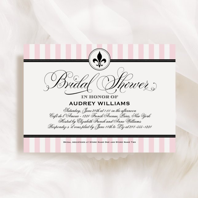 Parisian Pink Stripe Fleur de Lis Wedding Shower Invitation (Creator Uploaded)