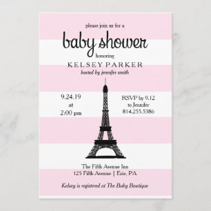 Parisian Pink Stripes Eiffel Tower Baby Shower Invitation
