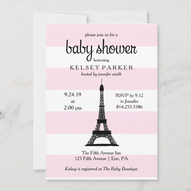 Parisian Pink Stripes Eiffel Tower Baby Shower Invitation (Front)