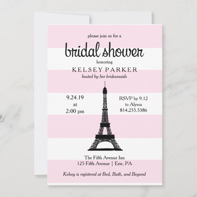 Parisian Pink Stripes Eiffel Tower Bridal Shower Invitation (Front)