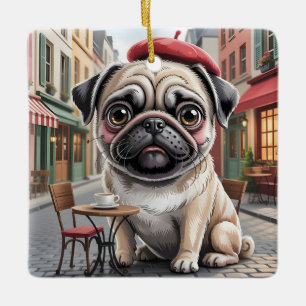 Parisian Pug at Sidewalk Cafe Ceramic Ornament