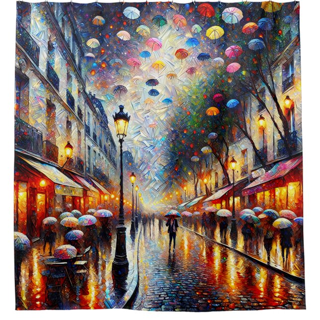 “Parisian Rainy Day Elegance” Shower Curtain (Front)