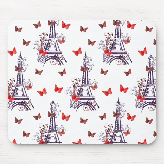 Parisian Romantic Purple Eiffel Tower Butterflies Mouse Pad (Front)