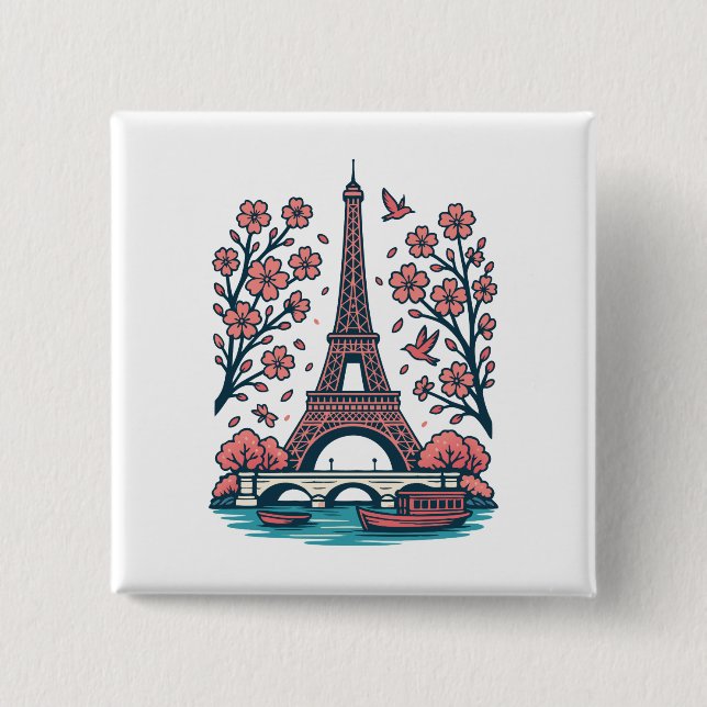 Parisian Souvenir Eiffel Tower Paris Cherry Tree Button (Front)
