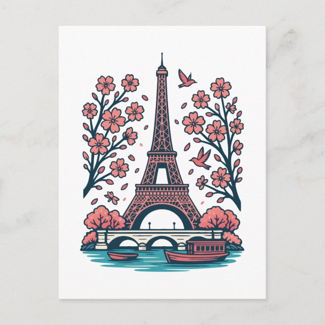 Parisian Souvenir Eiffel Tower Paris Cherry Tree Holiday Postcard (Front)