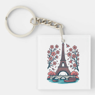 Parisian Souvenir Eiffel Tower Paris Cherry Tree Keychain