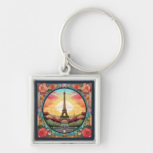 Parisian Sunset Eifel Tower Paris French Floral Keychain