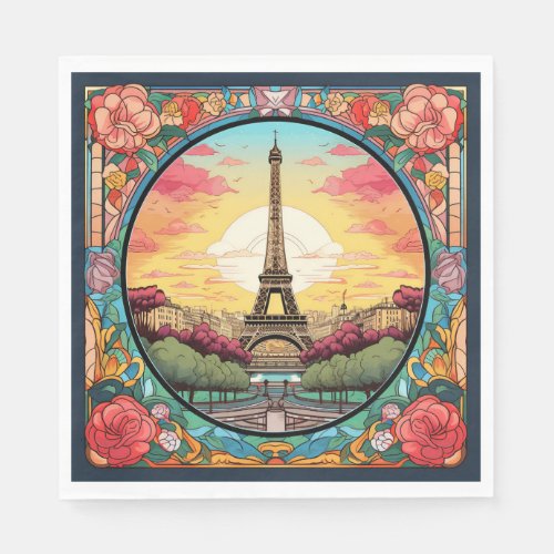 Parisian Sunset Eifel Tower Paris French Floral Napkins
