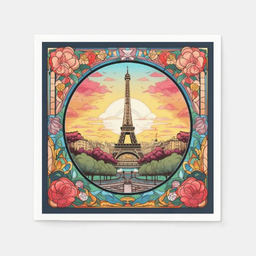 Parisian Sunset Eifel Tower Paris French Floral Napkins