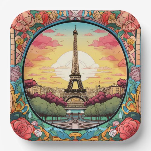 Parisian Sunset Eifel Tower Paris French Floral Paper Plates