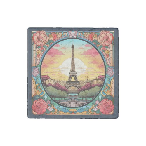 Parisian Sunset Eifel Tower Paris French Floral Stone Magnet